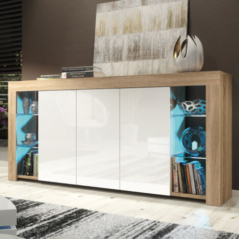 Sideboard 164 cm Oak TV Unit Modern Stand White Gloss Doors Free LED