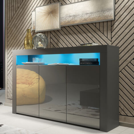 Sideboard 155cm Dark Grey Modern Stand Gloss Doors Free LED