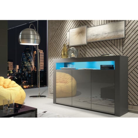 Sideboard 155cm Dark Grey Modern Stand Gloss Doors Free LED