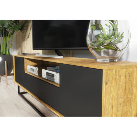 TV Unit 200cm Oak Loft Retro Vintage Black Contemporary TV Stand