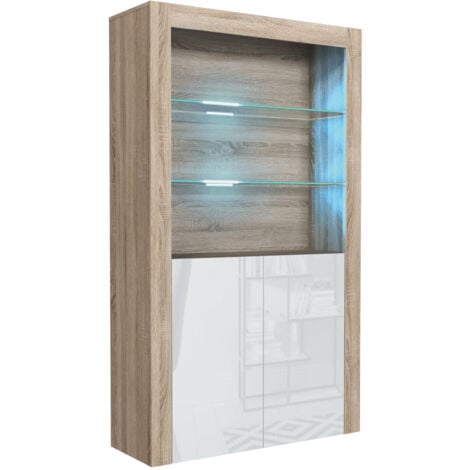 Sideboard 170cm Oak Display Cabinet Modern Stand White Gloss Doors