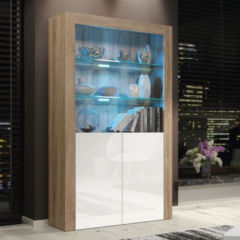Sideboard 170cm Oak Display Cabinet Modern Stand White Gloss Doors