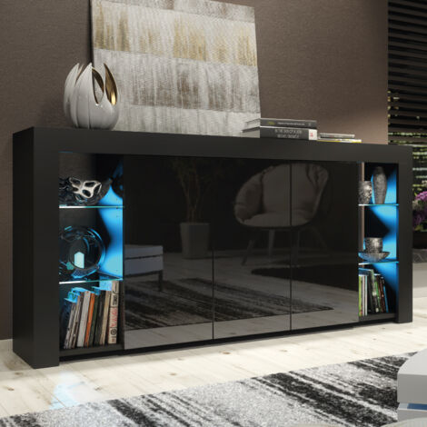 Sideboard 164 cm Black TV Unit Modern Stand Gloss Doors Free LED
