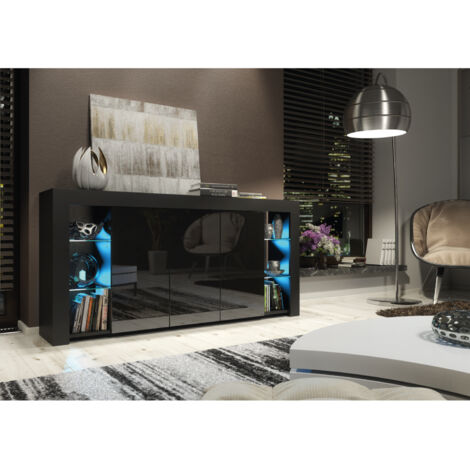 Sideboard 164 cm Black TV Unit Modern Stand Gloss Doors Free LED