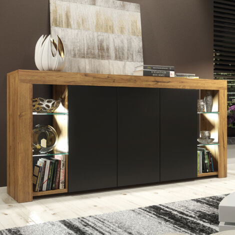 Sideboard 164 cm Oak TV Unit Modern Stand Black Matte Doors Free LED