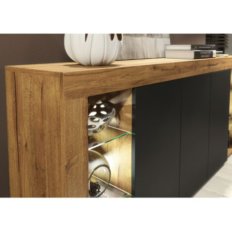 Sideboard 164 cm Oak TV Unit Modern Stand Black Matte Doors Free LED