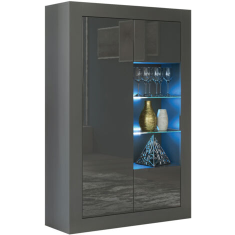 Sideboard 140cm Dark Grey Display Cabinet Modern Stand Gloss Doors