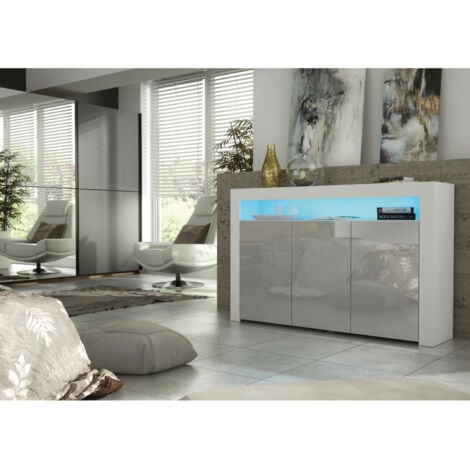Sideboard 155cm White Modern Stand Grey Gloss Doors Free LED