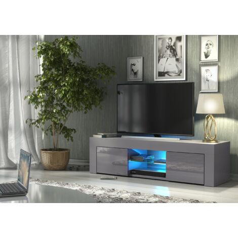 TV Unit 130cm Grey Modern Stand Gloss Doors Free LED