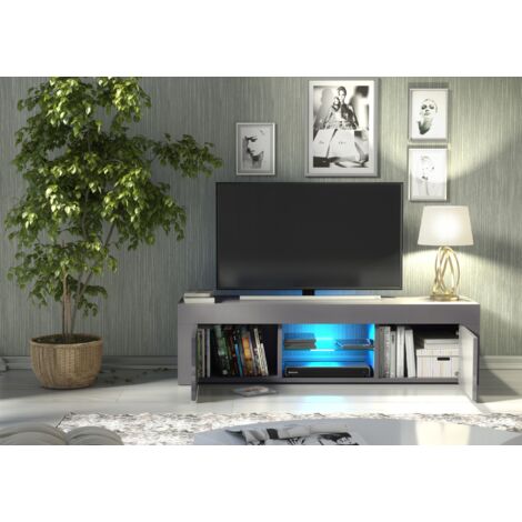 TV Unit 130cm Grey Modern Stand Gloss Doors Free LED
