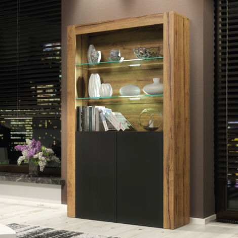 Spectrum Display Cabinet 170cm - Dark Oak with Black Matt Doors & LED (1/5)