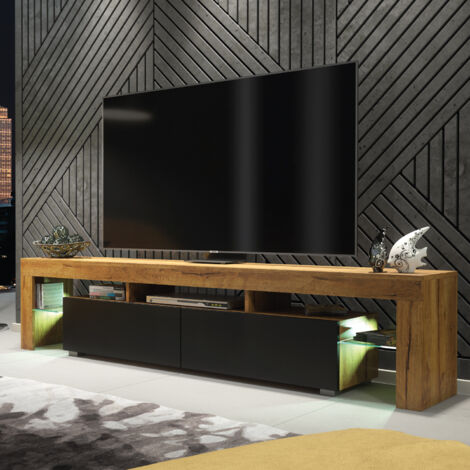 TV Unit 200cm Dark Oak Modern Stand Black Matt Doors Free LED