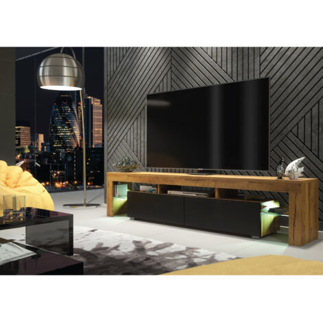 TV Unit 200cm Dark Oak Modern Stand Black Matt Doors Free LED