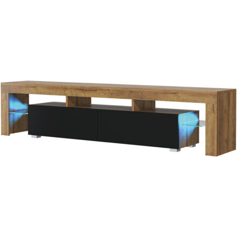 TV Unit 200cm Dark Oak Modern Stand Black Matt Doors Free LED