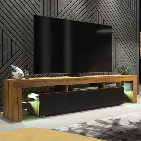 TV Unit 200cm Dark Oak Modern Stand Black Matt Doors Free LED