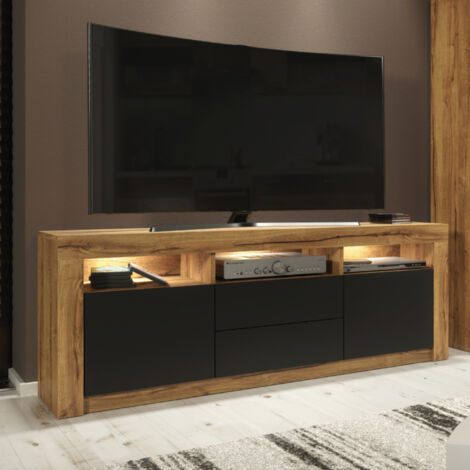 Shine TV Unit 160cm - Dark Oak with Black Matt Doors & LED