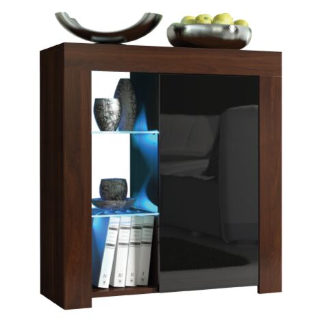 Sideboard 83cm Walnut Modern Stand Black Gloss Doors Free LED