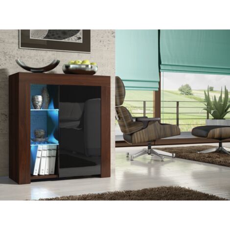 Sideboard 83cm Walnut Modern Stand Black Gloss Doors Free LED