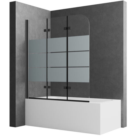 Badewannenaufsatz 140 x 140 cm Milchglas Badewannenfaltwand 3-teilig Faltbar Duschwand für Badewanne Duschtrennwand, Schwarz