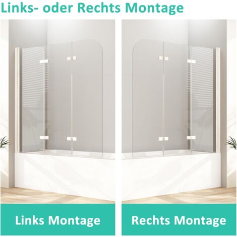Duschwand Für Badewanne 120x140 Cm, 3-teilig, 6 Mm ESG-Sicherheitsglas, Faltbar, Mit Badewannenaufsatz