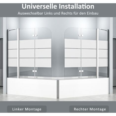 Badewannenfaltwand 3 Teilig Milchglas 150cm Duschwand Badewanne 150x140cm Badewannenaufsatz Faltwand