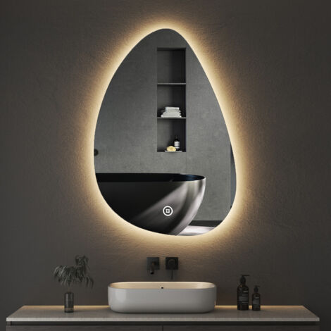 Asymmetrischer Spiegel mit Beleuchtung LED Badspiegel Asymmetrisch mit Beleuchtung 55 x 80 cm Spiegel mit Licht LED Spiegel mit Touch-Schalter, Dimmbar, 3 Lichtfarbe Einstellbare