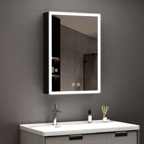 Spiegelschrank Bad mit Beleuchtung 50x70cm Bad Spiegelschrank Schwarz mit Beleuchtung Badezimmerschrank Hängeschränke mit 3 Lichtfarben Dimmbar + Beschlagfrei + Memory-Funktion, Schwarz