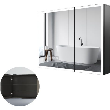 LED Spiegelschrank Bad mit Beleuchtung 80x60cm LED Badspiegel Spiegelschrank mit Beleuchtung, 3 Lichtfarben Dimmbar, Anti-fog, Memory-Funktion, und Verstellbare Glasablage,Schwarz