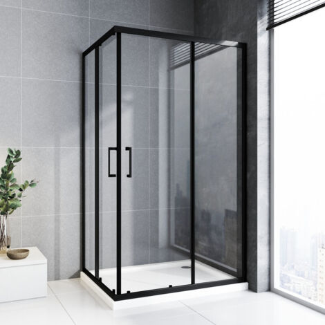 Boromal Duschkabine 90x90x185cm Eckeinstieg Schiebetür Schwarz Duschkabine Duschabtrennung Doppel Schiebetür Dusche Duschtür Duschwand, LINKS & RECHTS MONTIERBAR (1/5)