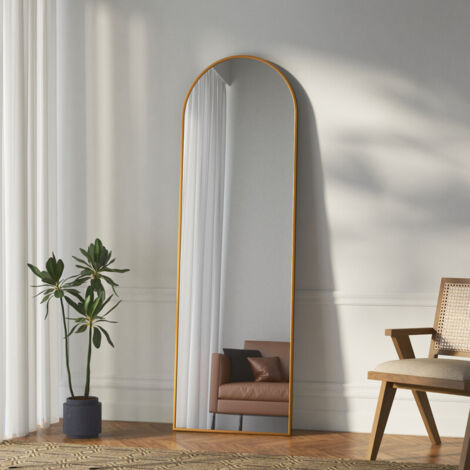 Gold Standspiegel Ganzkörperspiegel mit Metallrahmen Ganzkörperspiegel Rundbogen 150 x 50 cm Spiegel Gold Wandspiegel Stehspiegel Standspiegel für Schlafzimmer, Wohnzimmer, Flur und Garderobe