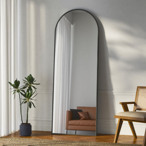 Schwarz Standspiegel Ganzkörperspiegel mit Metallrahmen Ganzkörperspiegel Rundbogen 140 x 40 cm Spiegel Schwarz Wandspiegel Stehspiegel Standspiegel für Schlafzimmer, Wohnzimmer, Flur und Garderobe