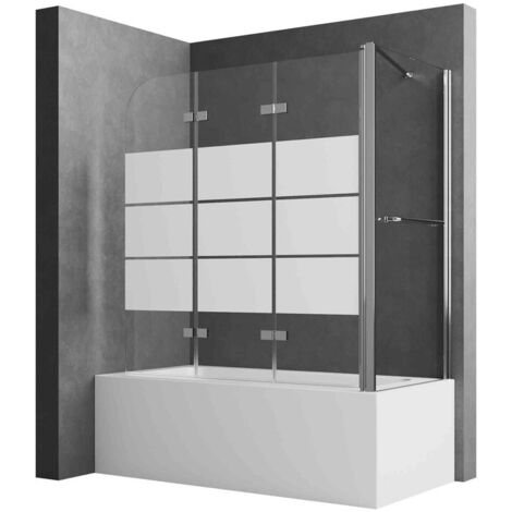 Duschwand für Badewanne mit Seitenwand Badewannenaufsatz 2-teilig faltbar Duschwand Badewanne 120x75x140cm Badewannenaufsatz mit Seitenwand aus 6mm ESG Sicherheitsglas, Gestreift