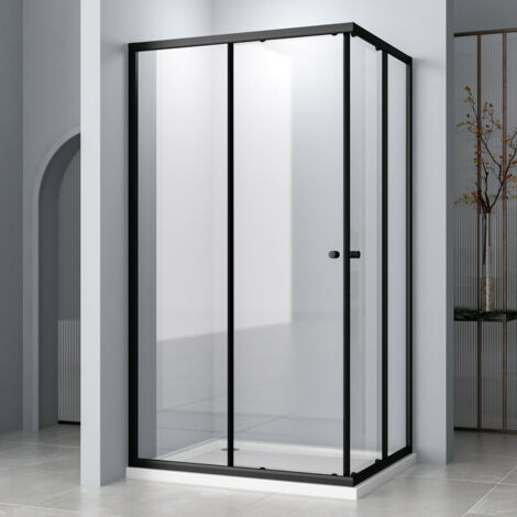 Duschkabine 90x100 cm Schwarz Duschkabine Eckeinstieg mit Schiebetüren, Duschabtrennung Duschwand Dusche 6mm ESG Glas, Höhe 185 cm Dusche Duschtür