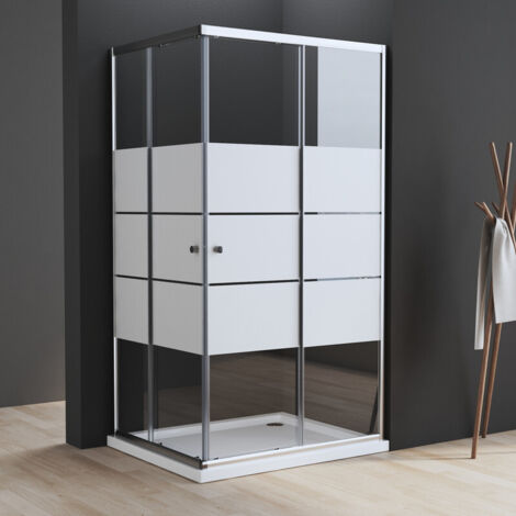 Boromal Duschkabine 80x100cm Eckeinstieg mit Schiebetüren Duschabtrennung Eckdusche Schiebetür Dusche 6mm ESG Glas mit mit Milchglas Streifen, Höhe 185cm
