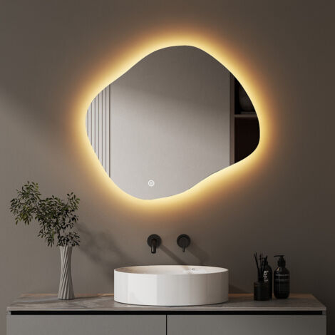 Asymmetrischer Spiegel mit LED Beleuchtung 74 x 84 cm Badspiegel mit Beleuchtung Bad Spiegel mit Licht LED Spiegel mit Touch-Schalter, Dimmbar, 3 Lichtfarbe Einstellbare
