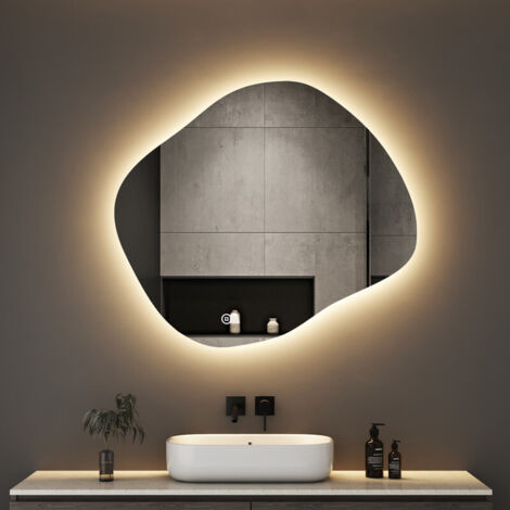 Asymmetrischer Spiegel mit Beleuchtung LED Badspiegel Asymmetrisch mit Beleuchtung 64 x 74 cm Spiegel mit Licht LED Spiegel mit Touch-Schalter, Dimmbar, 3 Lichtfarbe Einstellbare