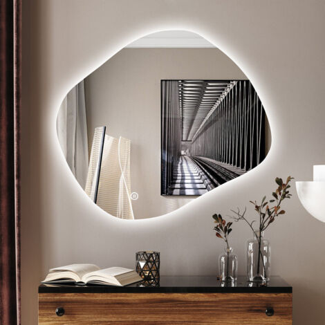 Asymmetrischer Badspiegel 64 x 74 cm Spiegel mit Beleuchtung Spiegel mit Licht LED Spiegel mit Touch-Schalter, Dimmbar, 3 Lichtfarbe Einstellbare