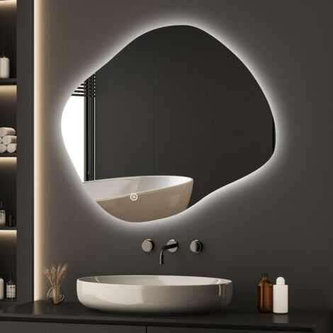 Boromal Asymmetrischer Badspiegel mit Beleuchtung 74x64cm LED Asymmetrischer Spiegel mit Beleuchtung Spiegel mit Licht Wandspiegel mit Touch-Schalter, 3 Lichtfarbe Dimmbar