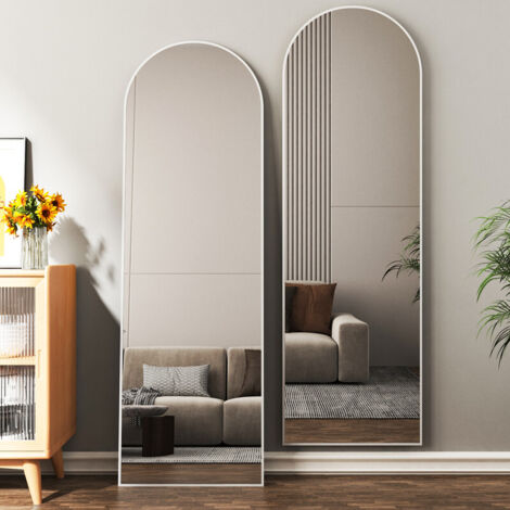 Boromal Weiß Standspiegel Ganzkörperspiegel mit Weiß Metallrahmen Ganzkörperspiegel Rundbogen 150 x 50 cm Wandspiegel Stehspiegel Standspiegel für Schlafzimmer, Wohnzimmer, Flur und Garderobe
