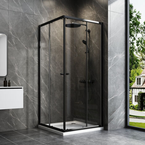 Schwarz Duschkabine 75x90cm Eckeinstieg Schiebetür Duschabtrennung, Glas Duschschiebetür Duschwand Dusche mit Doppel Schiebetür aus 6mm ESG-Sicherheitsglas, Duschkabine Höhe 185cm (1/5)