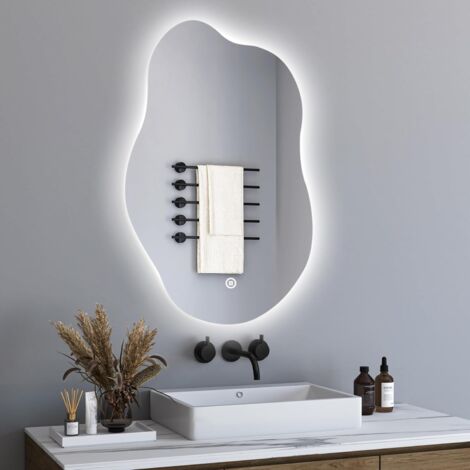 EMKE LED Badezimmerspiegel Mit Beleuchtung - Asymmetrisch, Antibeschlagen, 3 Lichtfarben Dimmbar - Moderner Badspiegel 75x55cm