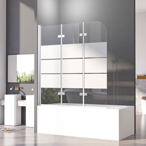 Duschwand für Badewanne Gestreift, Duschwand 130x140cm Badewannenaufsatz Duschwand Badewanne 3-teilig Faltbar Duschabtrennung Badewanne mit 6mm ESG-Glas