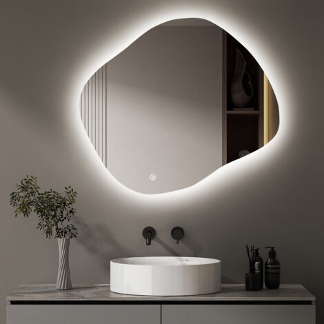 Unregelmäßiger Spiegel Asymmetrischer Spiegel mit Beleuchtung 74x64cm, Asymetrischer Wandspiegel 3 Lichtfarbe Dimmbare 3000-6500K, ideal Dekorativer für Wand, Eingang, Flur