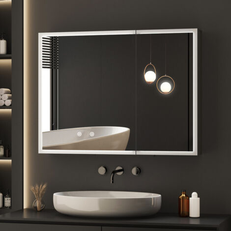 Spiegelschrank Bad mit Beleuchtung 80x60x13,5cm, Badezimmer Spiegelschrank mit Beleuchtung Metall Hängeschränke Badezimmerschrank mit Dimmbar, Beschlagfre und Verstellbare Glasablage, Schwarz