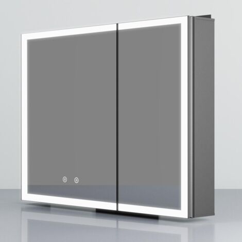 Schwarz Spiegelschrank Bad mit Beleuchtung 80x60cm Bad Spiegelschrank mit Beleuchtung Badezimmerschrank Hängeschränke mit 3 Lichtfarben Dimmbar + Beschlagfrei + Memory-Funktion, Schwarz