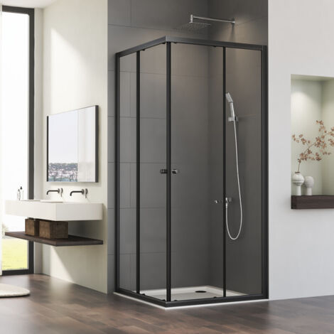 Duschkabine 80x100 cm Schwarz Schiebetür Duschkabine Eckeinstieg Duschabtrennung Doppel Schiebetür Echtglas Duschtür, 6mm ESG Glas, Höhe 185cm