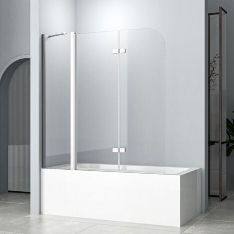 Duschabtrennung für Badewanne 150x140cm 3-Teilig, Duschwand für Badewanne Faltbar Duschtrennwand, Badewannenaufsatz aus 6mm ESG NANO Sicherheitsglas, Badewannenfaltwand