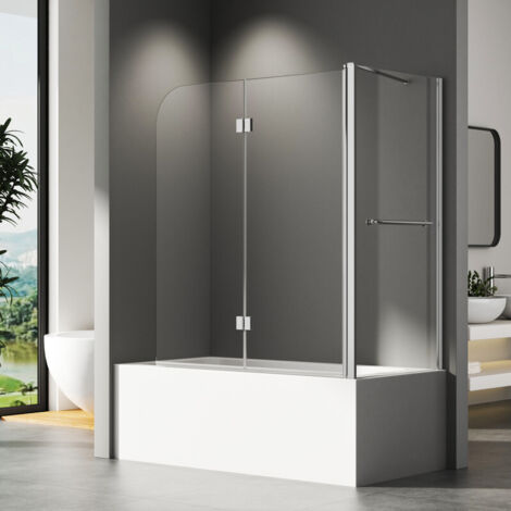 Badewannenaufsatz mit Seitenwand 75x120x140cm Duschwand für Badewanne 2-teilig Faltbar Duschabtrennung Badewanne 6mm ESG Sicherheitsglas mit Nano beschichtung, Duschtrennwand mit Handtuchhalter