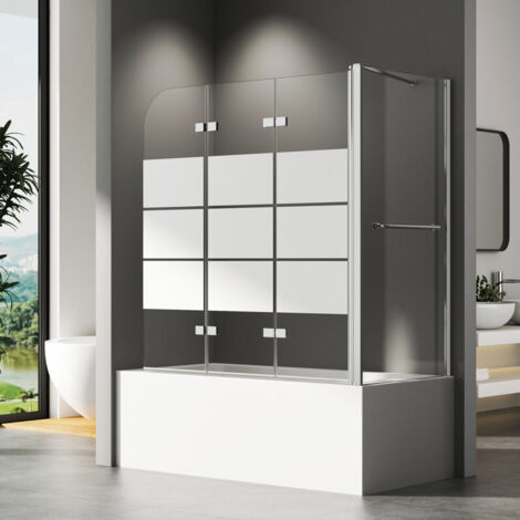 Badewannenaufsatz mit Seitenwand 70x120x140cm Duschwand für Badewanne 3-teilig Faltbar Duschabtrennung Badewanne Gestreift Glas 6mm ESG Sicherheitsglas, Duschtrennwand mit Handtuchhalter