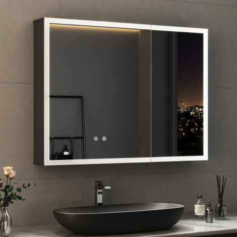 Boromal Schwarz Spiegelschrank Bad mit Beleuchtung Badezimmer Spiegelschrank mit Beleuchtung Metall Hängeschränke Badezimmerschrank mit Dimmbar, Beschlagfrei, Verstellbare Glasablage (80x60x13,5cm)